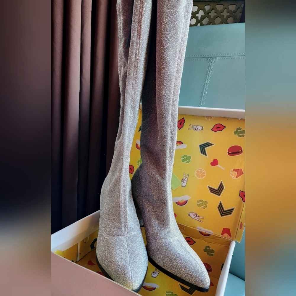 SILVER OTK Privileged by LEMON DROP Over the Knee Glitzy Stretch Pull On Boots 9 - Picture 3 of 12